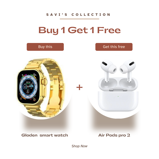 Golden Smart watch + free Air pods